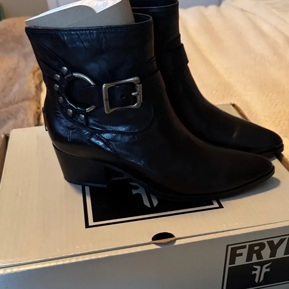 Frye Black Ankle Boots with Buckle Accent - Picture 3 of 6